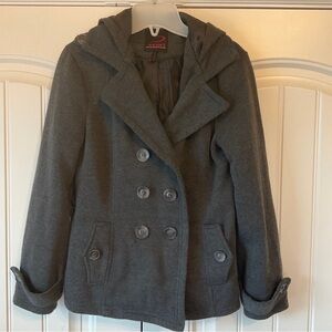 Yoki Girls Outerwear Double Breasted Grey Hooded Peacoat with 600 mm PU